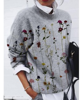 Casual Fashion Flower Print Long-Sleeved Pullover 