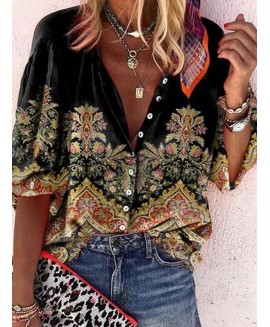 Casual Loose Floral Print Short Sleeve Blouse 