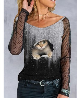 Casual Loose Cat Print Long-sleeved T-shirt 