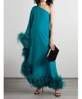 Women's Fashionable Elegant Lake Blue Slanted Shoulder Design Feather Long Dress 