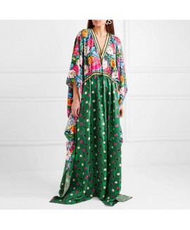 Women's Elegant V-Neck Green Floral Print H Dress 