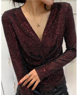 Sequined V-Neck Pleated Slim Fit T_shirts 