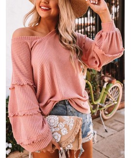 Solid or Ruffle Details Long Sleeve V-neck Waffle Knit Top 