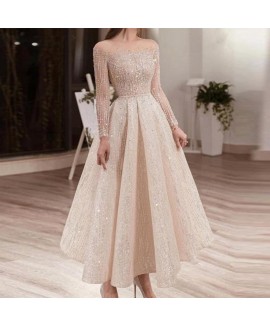 Elegant Long Sleeve Trim Sequined Dress 