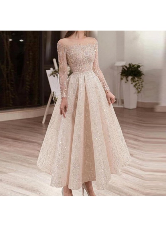 Elegant Long Sleeve Trim Sequined Dress