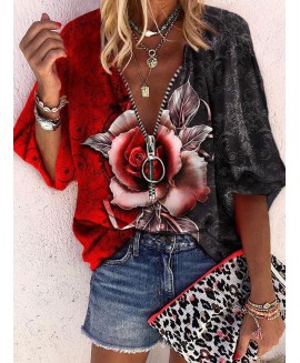 V-neck Zip Floral Print Loose Casual Short Sleeve Blouse 