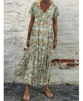 Casual Vintage Print Loose V-Neck Short Sleeve Maxi Dress 