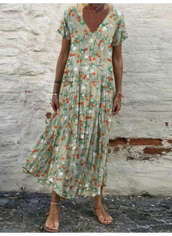 Casual Vintage Print Loose V-Neck Short Sleeve Maxi Dress