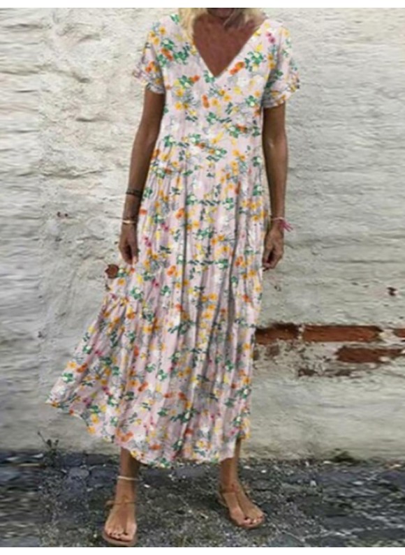 Casual Vintage Print Loose V-Neck Short Sleeve Maxi Dress