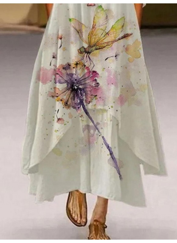 Round Neck Dandelion Print Loose Long Sleeve Maxi Dress