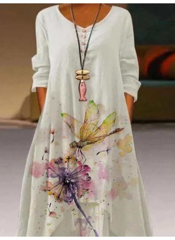 Round Neck Dandelion Print Loose Long Sleeve Maxi Dress