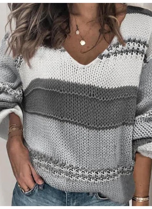 V-neck Striped Casual Knit Pullover