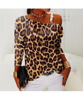 Fashion Leopard Print One-shoulder T-shirt 
