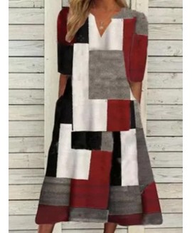 or Block Print Casual Short Sleeve Maxi Dress 
