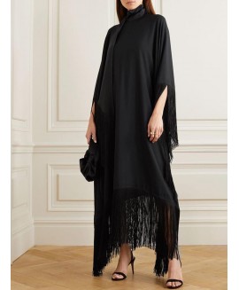 Women's Elegant Luxurious Black Satin Fringe Loose Dress Long Dress 