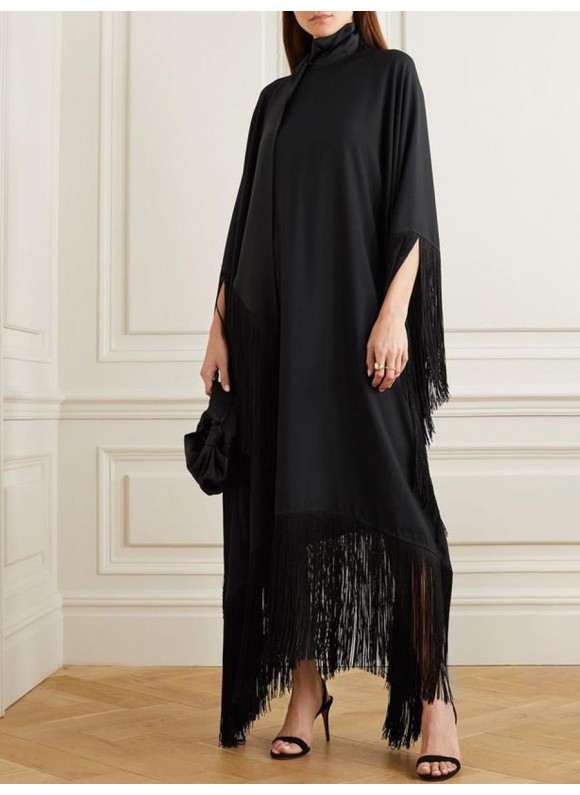 Women's Elegant Luxurious Black Satin Fringe Loose Dress Long Dress