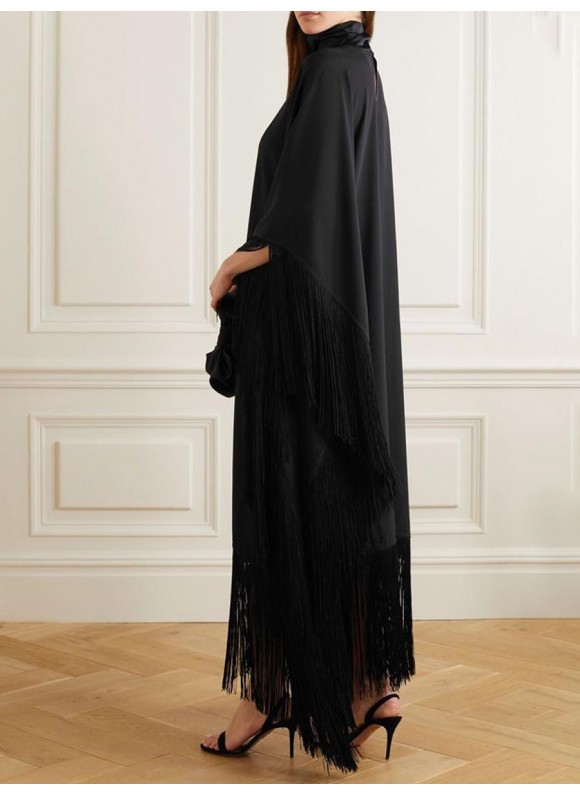 Women's Elegant Luxurious Black Satin Fringe Loose Dress Long Dress