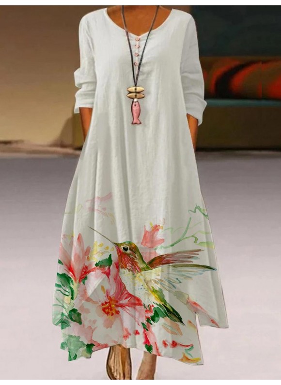 V-neck Loose Casual Floral Print Long Sleeve Maxi Dress