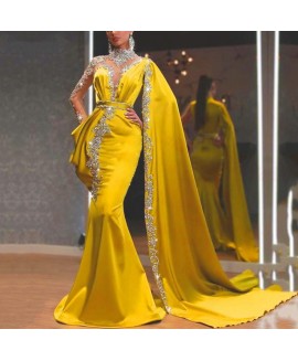 Women's Elegant Applique Embroidery Draped Design Asymmetric Sequined Long Skirt Evening Dress 