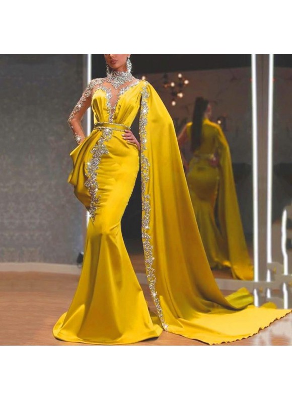 Women's Elegant Applique Embroidery Draped Design Asymmetric Sequined Long Skirt Evening Dress