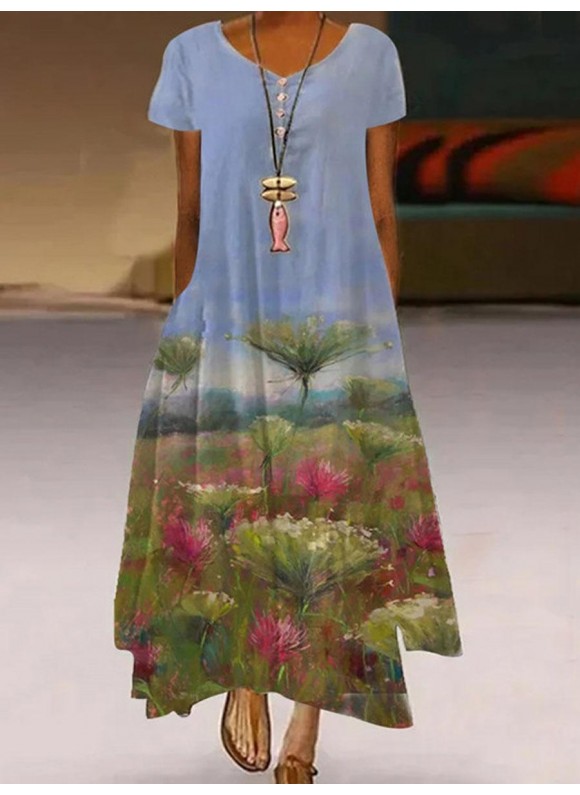 Botanical Floral Print Short-sleeve Maxi Dress
