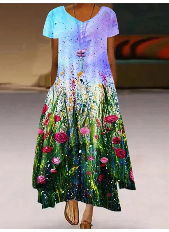 Botanical Floral Print Short-sleeve Maxi Dress
