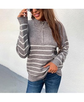 Striped or-blocking Women's Zipper Open-chested Sweater 