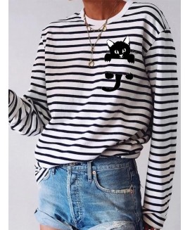 Fun Cat Print Striped Casual Long Sleeve T-shirt 