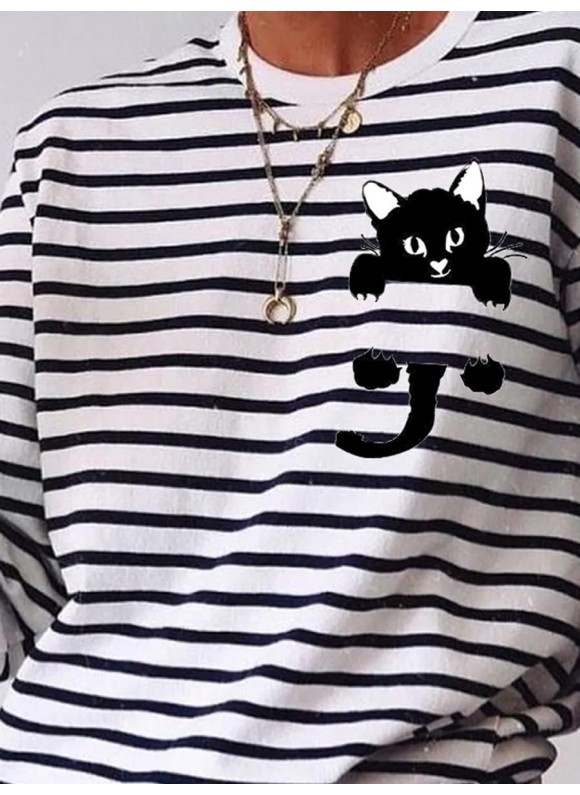 Fun Cat Print Striped Casual Long Sleeve T-shirt