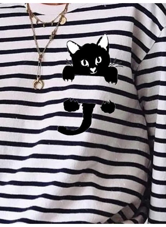 Fun Cat Print Striped Casual Long Sleeve T-shirt