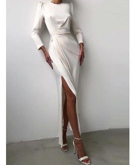 Satin Solid or Belted Long Sleeve Maxi Dress Elegant 