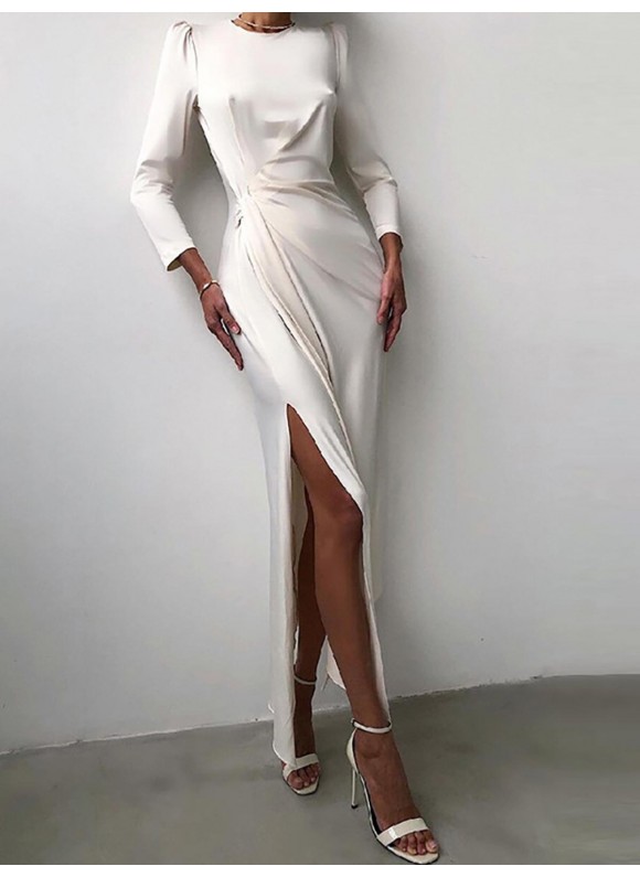 Satin Solid or Belted Long Sleeve Maxi Dress Elegant