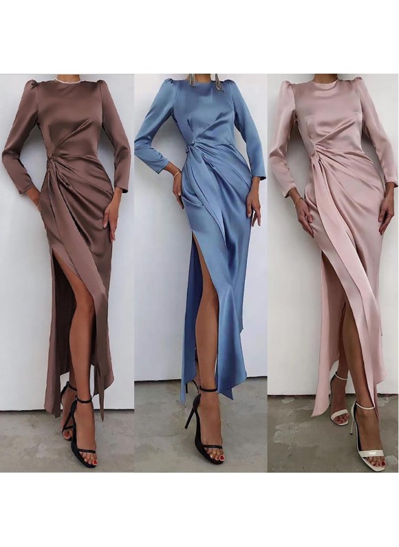 Satin Solid or Belted Long Sleeve Maxi Dress Elegant