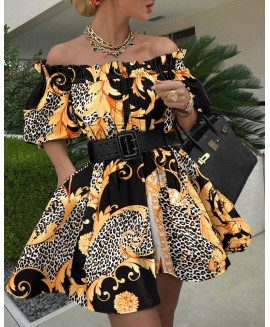 Off Shoulder Baroque Leopard Print Dress 