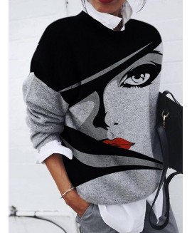 Casual Fashion Brushed Portrait Print Loose Long-Sleeved Pullover 