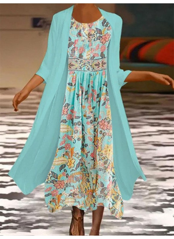 Round Neck Casual Loose Floral Print Suit Maxi Dress