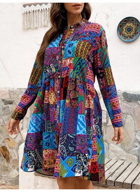 Ethnic Print Button Long Sleeve Dress
