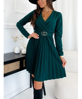 Elegant Long-sleeved V-neck Pleated Solid or Dress 