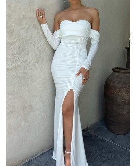 White or Slit Hem Off-shoulder Long Sleeve Maxi Dress Elegant 