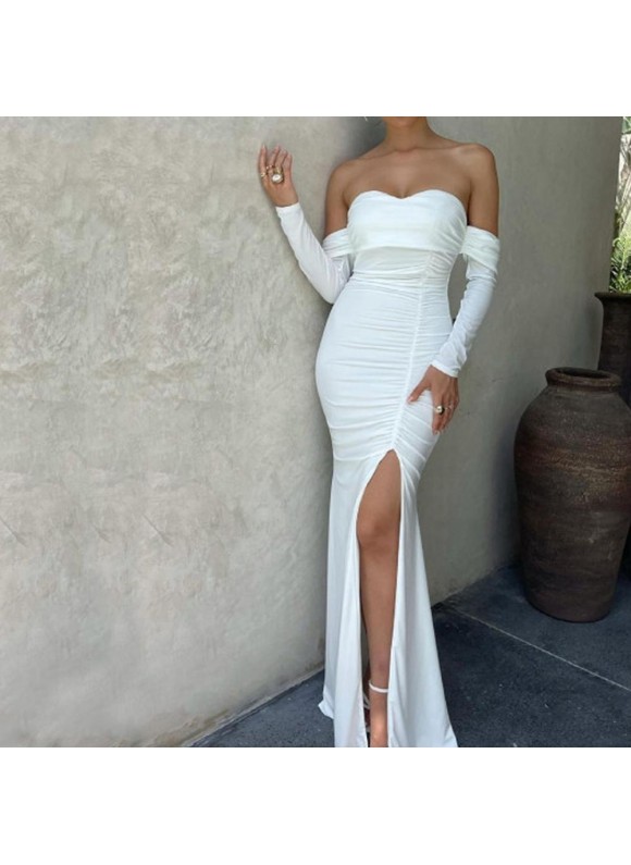 White or Slit Hem Off-shoulder Long Sleeve Maxi Dress Elegant