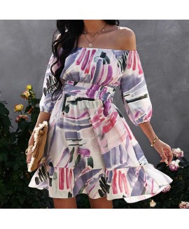 Ladies Floral Print Bow Backless Dress 