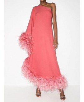 Women's Trendy Pink Slanted Shoulder Feather Dress 