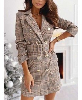 Long Sleeve Belt Plaid Suit Dress Jacket 
