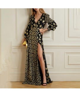 Women's Elegant Black Foil Print Long Dress 