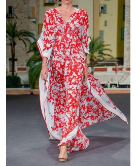 Women's Fashion Elegant Red Print Slit Loose Resort Dress 