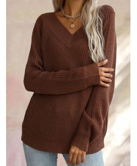 Casual Solid or V-Neck Long-Sleeved Sweater 