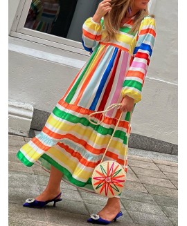 Casual orful Striped Print V-Neck Long Sleeve Dress 