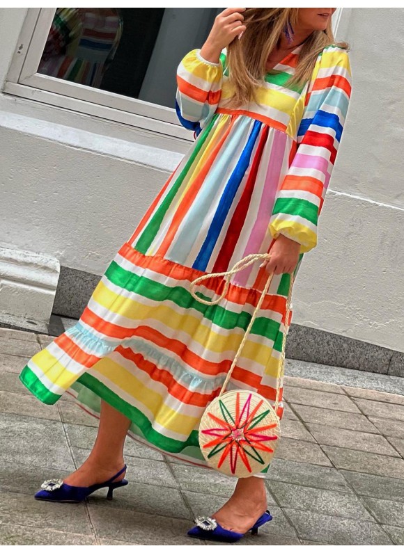 Casual orful Striped Print V-Neck Long Sleeve Dress