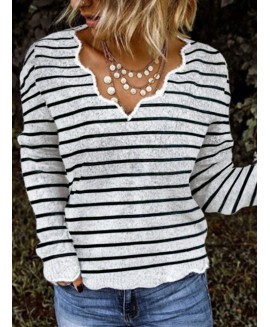 V-neck Striped Jacquard Loose Casual Sweater Pullover 