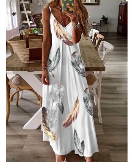 Casual Loose Feather Print V-Neck Sling Maxi Dress 